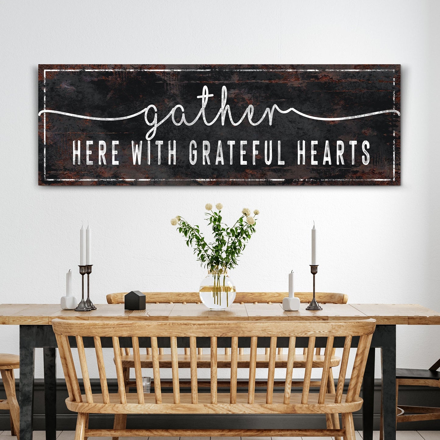 Gather Here With Grateful Hearts Sign III Canvas on rustic black chalkboard with white script on Tampa Home & Garden Store