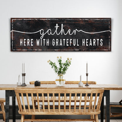 Gather Here With Grateful Hearts Sign III Canvas on rustic black chalkboard with white script on Tampa Home & Garden Store