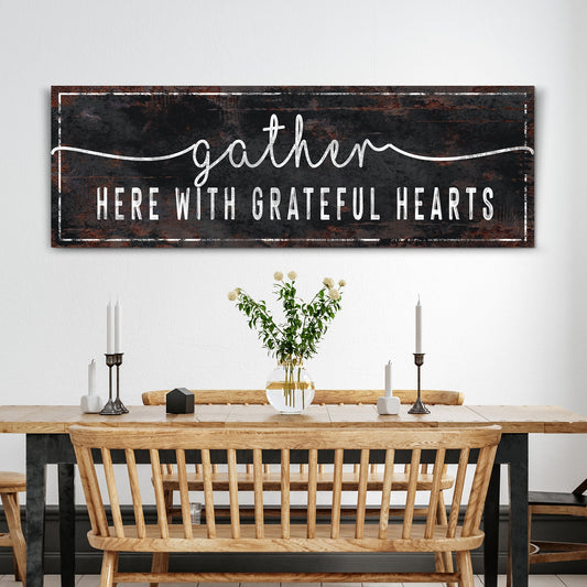 Gather Here With Grateful Hearts Sign III Canvas on rustic black chalkboard with white script on Tampa Home & Garden Store