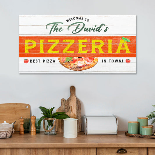 Best Pizza In Town Pizzeria Sign canvas by Tailored Canvases white wood backdrop on Tampa Home & Garden Store