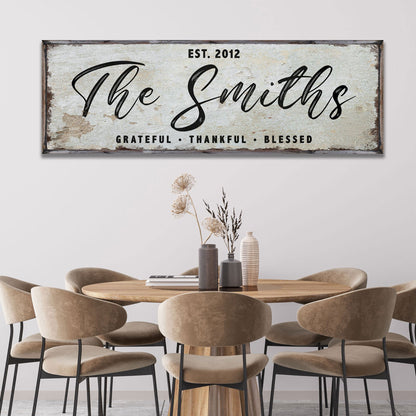 Thanksgiving Family Sign II canvas wall art by Tailored Canvases; rustic distressed cream framed sign with The Smiths, EST. 2012, Grateful • Thankful • Blessed on Tampa Home & Garden Store