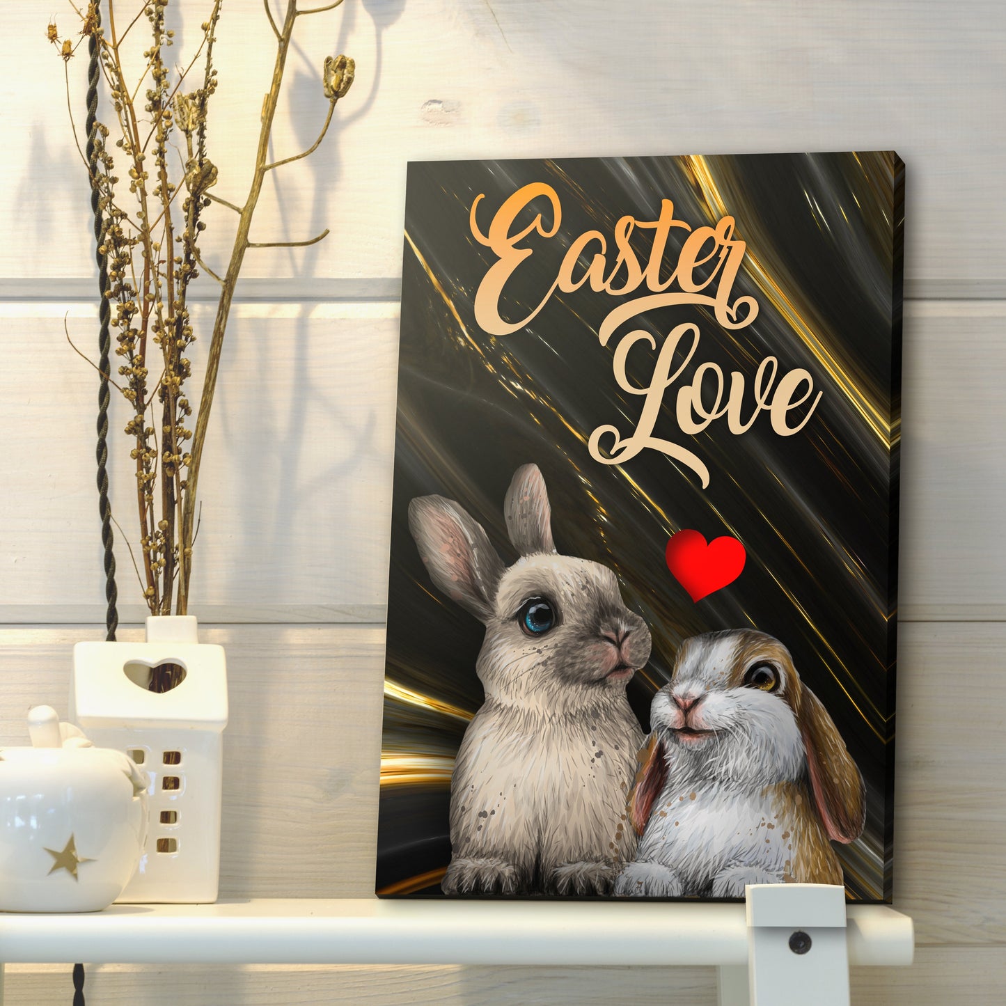 Easter Love Sign canvas by Tailored Canvases; dark background with two rabbits and a red heart on Tampa Home & Garden Store