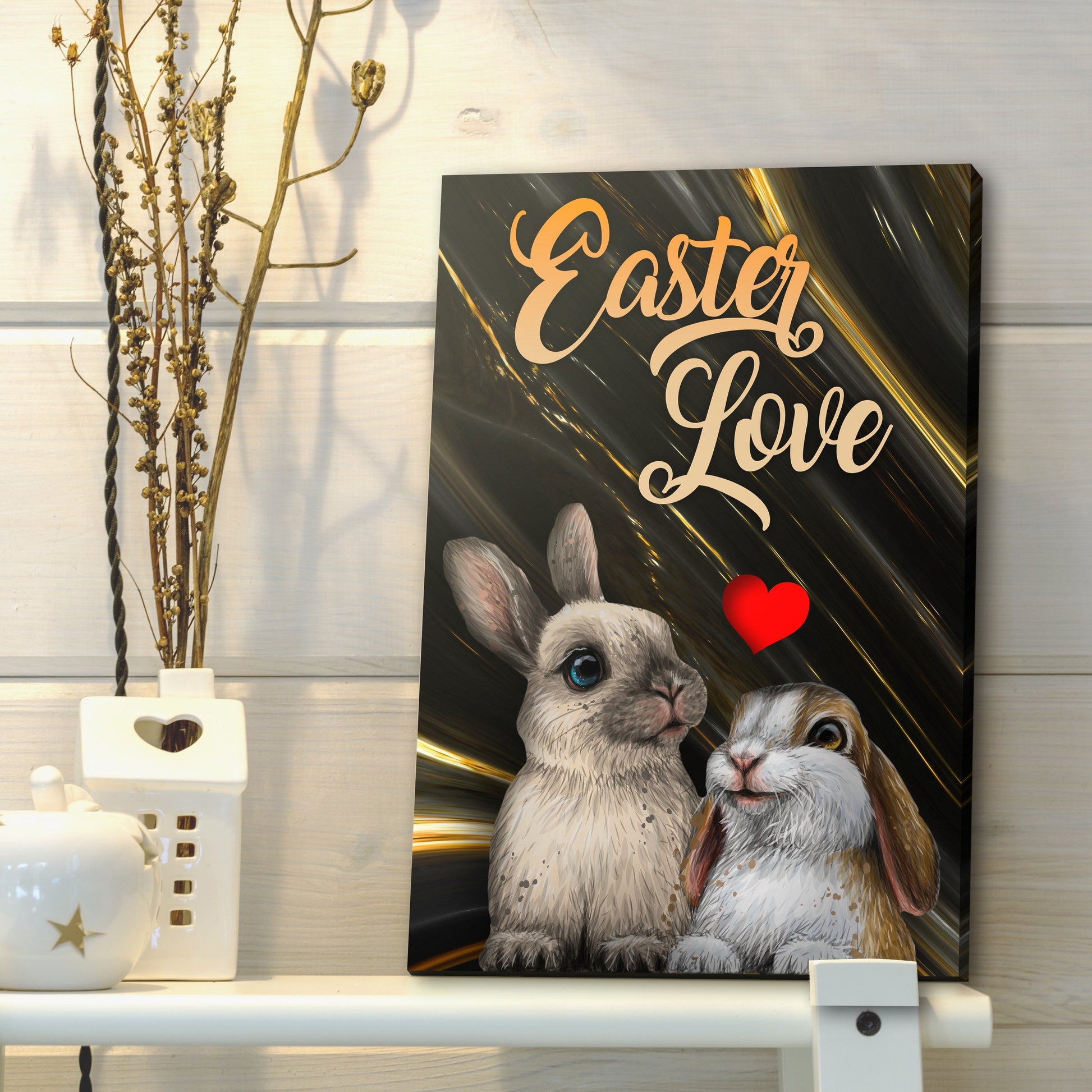 Easter Love Sign canvas by Tailored Canvases; dark background with two rabbits and a red heart on Tampa Home & Garden Store