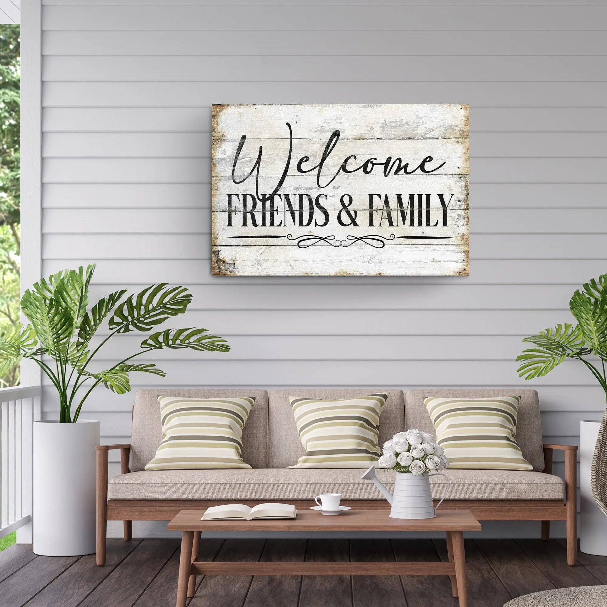 Canvas Welcome Friends & Family sign with whitewashed wood texture Tailored Canvases canvas on Tampa Home & Garden Store