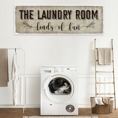 Loads of Fun The Laundry Room Sign canvas with rustic wood backdrop by Tailored Canvases on Tampa Home & Garden Store