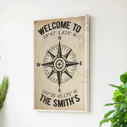 Canvas sign Welcome To Family Home Coordinates with compass rose on parchment Tailored Canvases on Tampa Home & Garden Store
