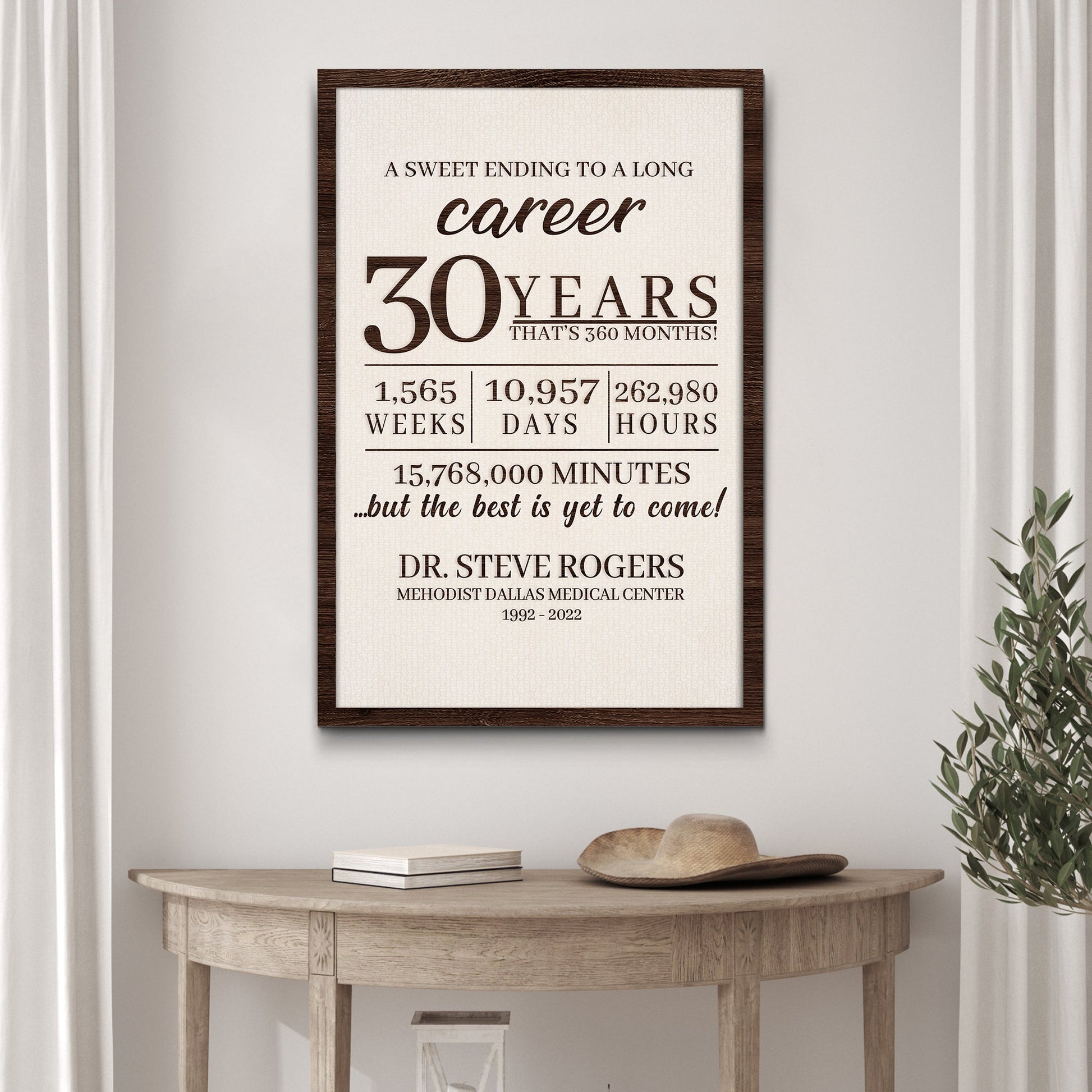 A Sweet Ending To A Long Career Sign by Tailored Canvases with 30 YEARS text, dark wood frame on Tampa Home & Garden Store