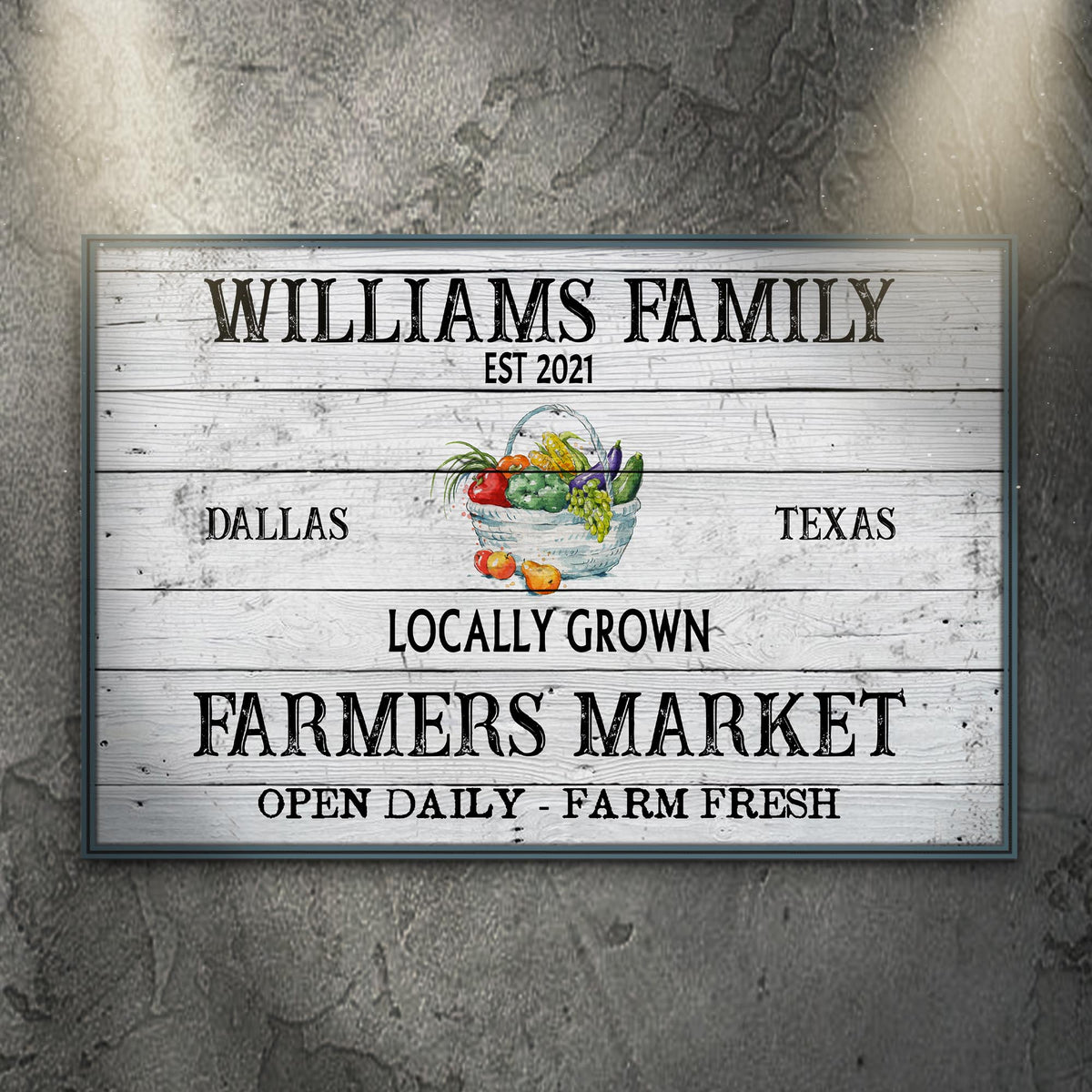 Farmers Market Sign II canvas by Tailored Canvases with wood plank and fruit basket on Tampa Home & Garden Store