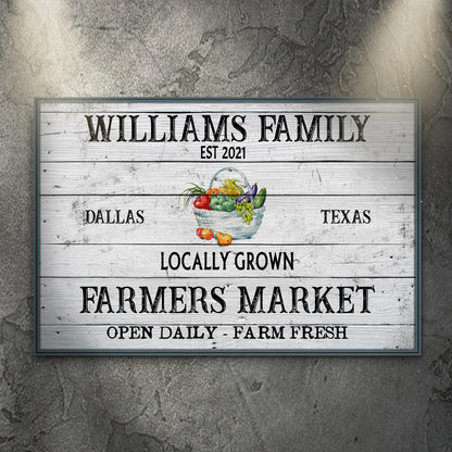 Farmers Market Sign II canvas by Tailored Canvases with wood plank and fruit basket on Tampa Home & Garden Store