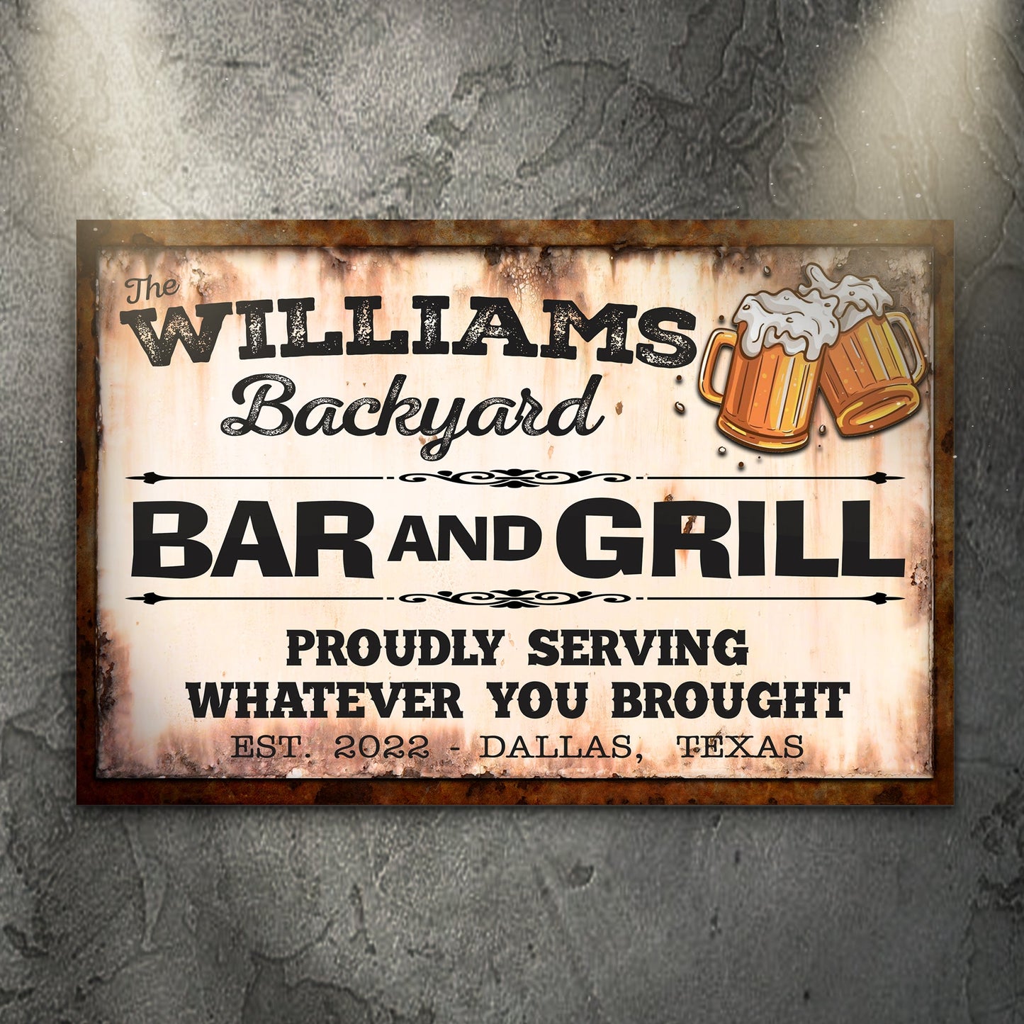 Canvas sign Tailored Canvases The Williams Backyard Bar and Grill with beer mug graphic on Tampa Home & Garden Store