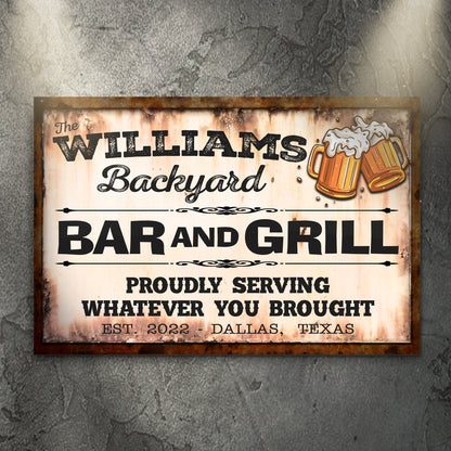 Canvas sign Tailored Canvases The Williams Backyard Bar and Grill with beer mug graphic on Tampa Home & Garden Store