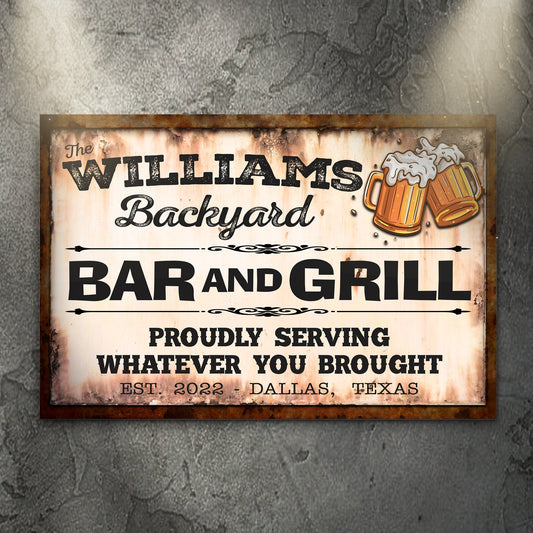 Canvas sign Tailored Canvases The Williams Backyard Bar and Grill with beer mug graphic on Tampa Home & Garden Store