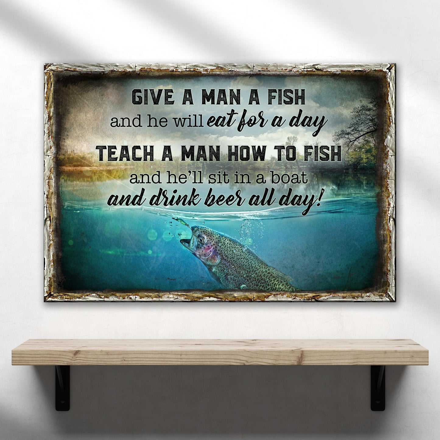 Canvas sign with rustic frame featuring fishing quote and fish image by Tailored Canvases on Tampa Home & Garden Store