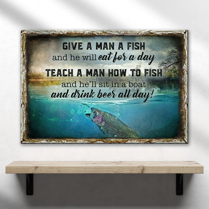 Canvas sign with rustic frame featuring fishing quote and fish image by Tailored Canvases on Tampa Home & Garden Store