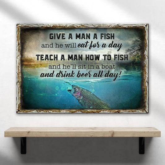 Canvas sign with rustic frame featuring fishing quote and fish image by Tailored Canvases on Tampa Home & Garden Store