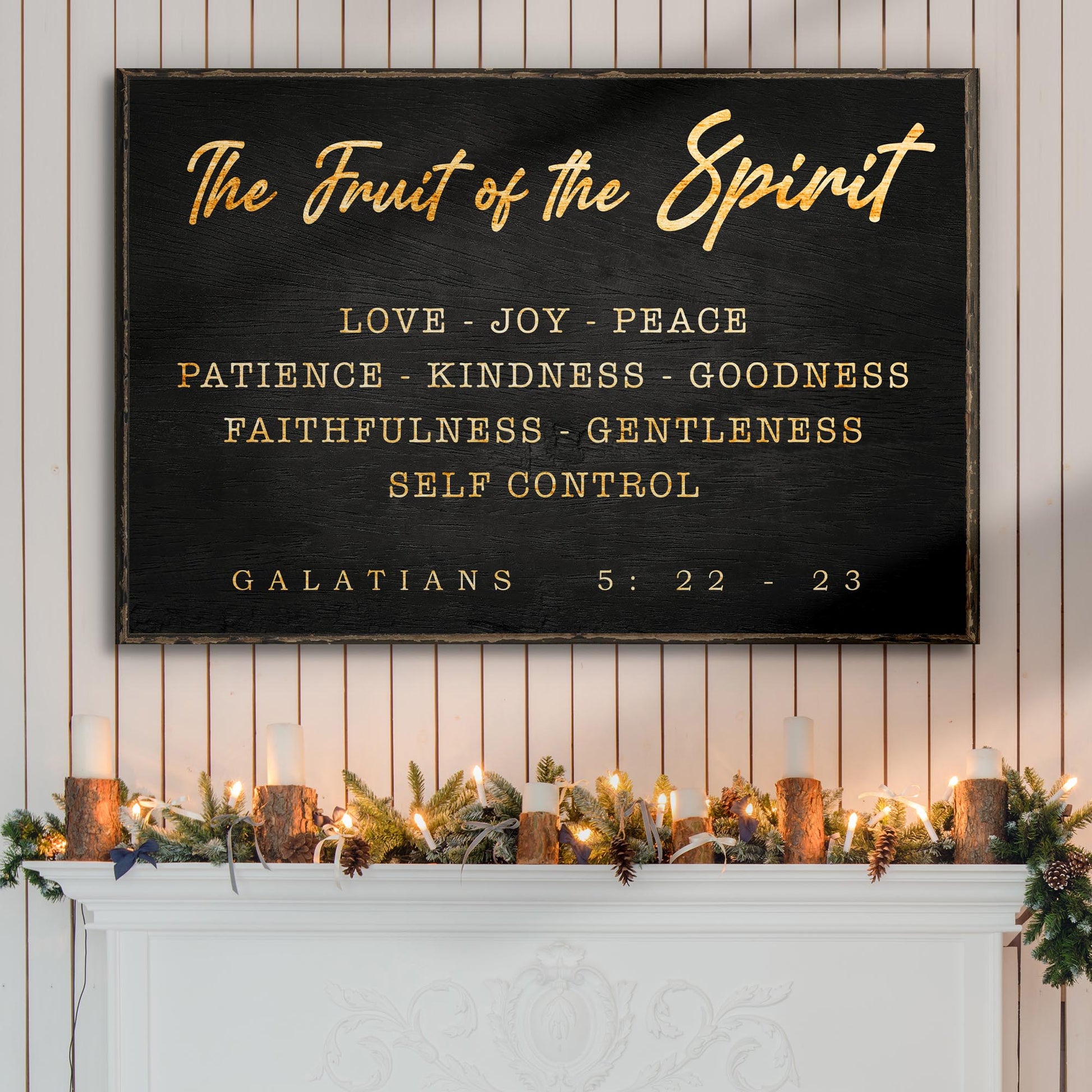 Tailored Canvases canvas sign The Fruit Of The Spirit Galatians 5:22-23 with gold script on black on Tampa Home & Garden Store