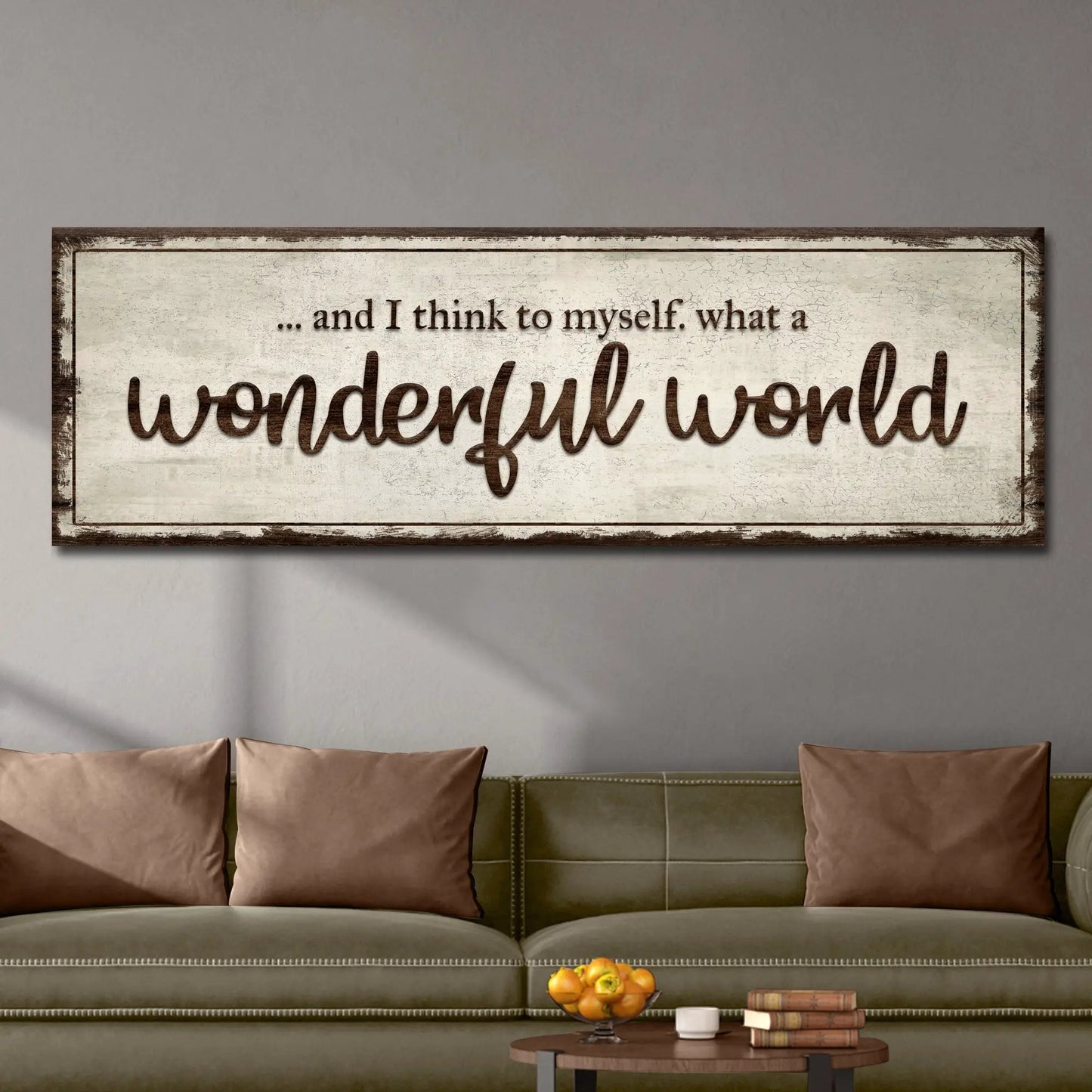 What A Wonderful World Sign III canvas wall art with distressed border by Tailored Canvases on Tampa Home & Garden Store