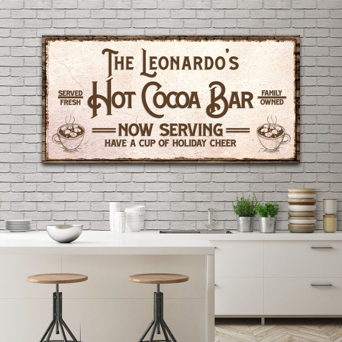 Canvas sign Have A Cup Of Holiday Cheer Hot Cocoa Bar with vintage brown lettering on brick on Tampa Home & Garden Store