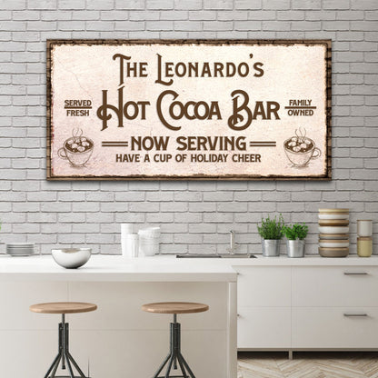 Canvas sign Have A Cup Of Holiday Cheer Hot Cocoa Bar with vintage brown lettering on brick on Tampa Home & Garden Store