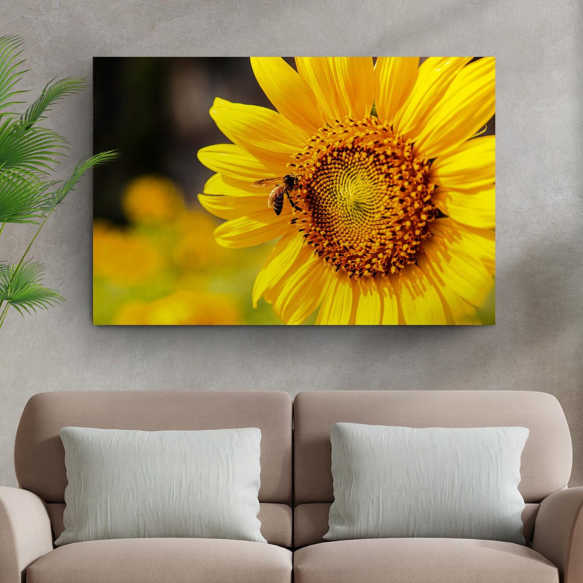 Bee on Sunflower canvas wall art bright sunflower bee close-up Tailored Canvases crafting canvas on Tampa Home & Garden Store