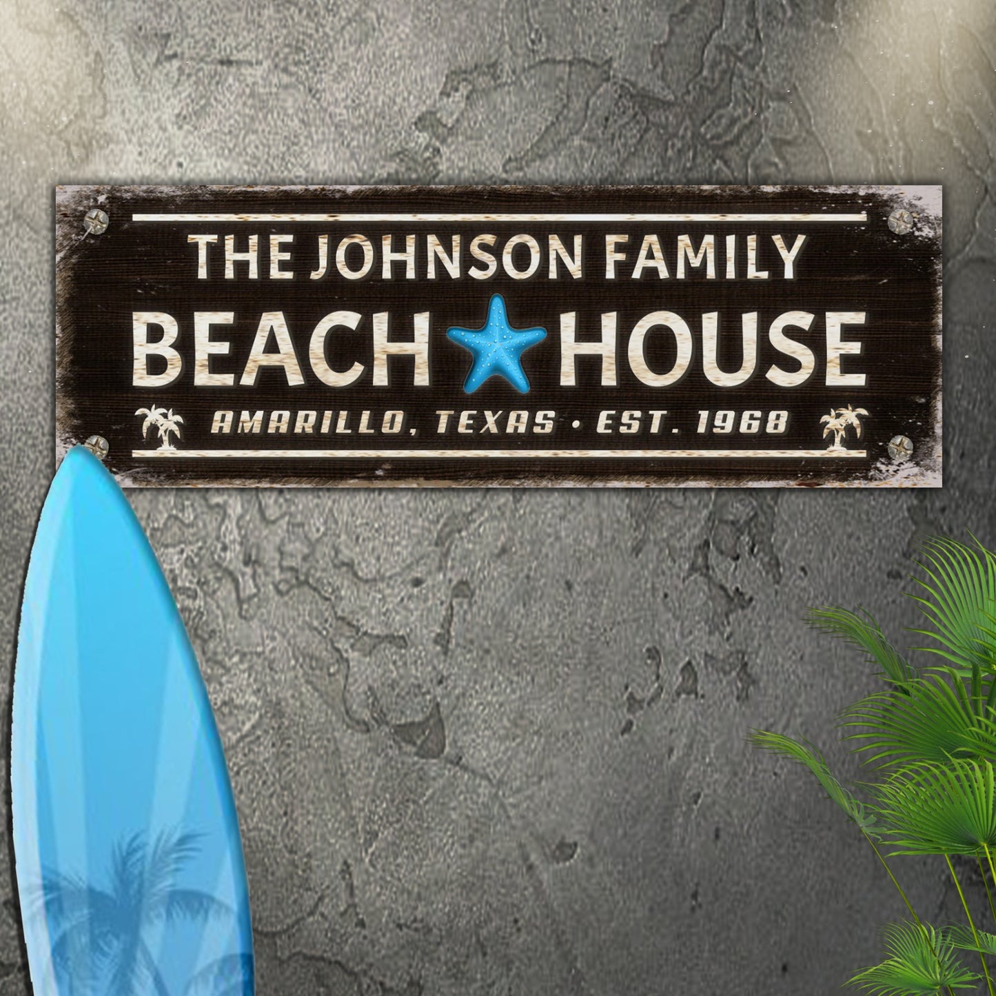 Family Beach House Sign III canvas by Tailored Canvases; text and blue starfish on Tampa Home & Garden Store