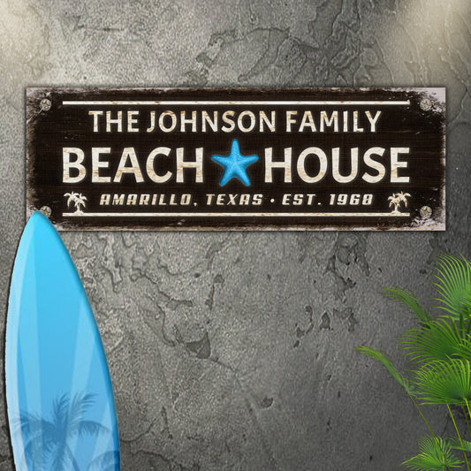 Family Beach House Sign III canvas by Tailored Canvases; text and blue starfish on Tampa Home & Garden Store