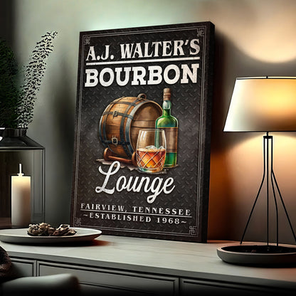 Bourbon Lounge Sign canvas by Tailored Canvases with whiskey bottle and barrel motif on Tampa Home & Garden Store