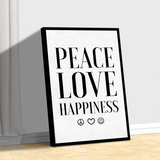 Peace Love Happiness Sign II canvas by Tailored Canvases with bold black typography and black frame on Tampa Home & Garden Store