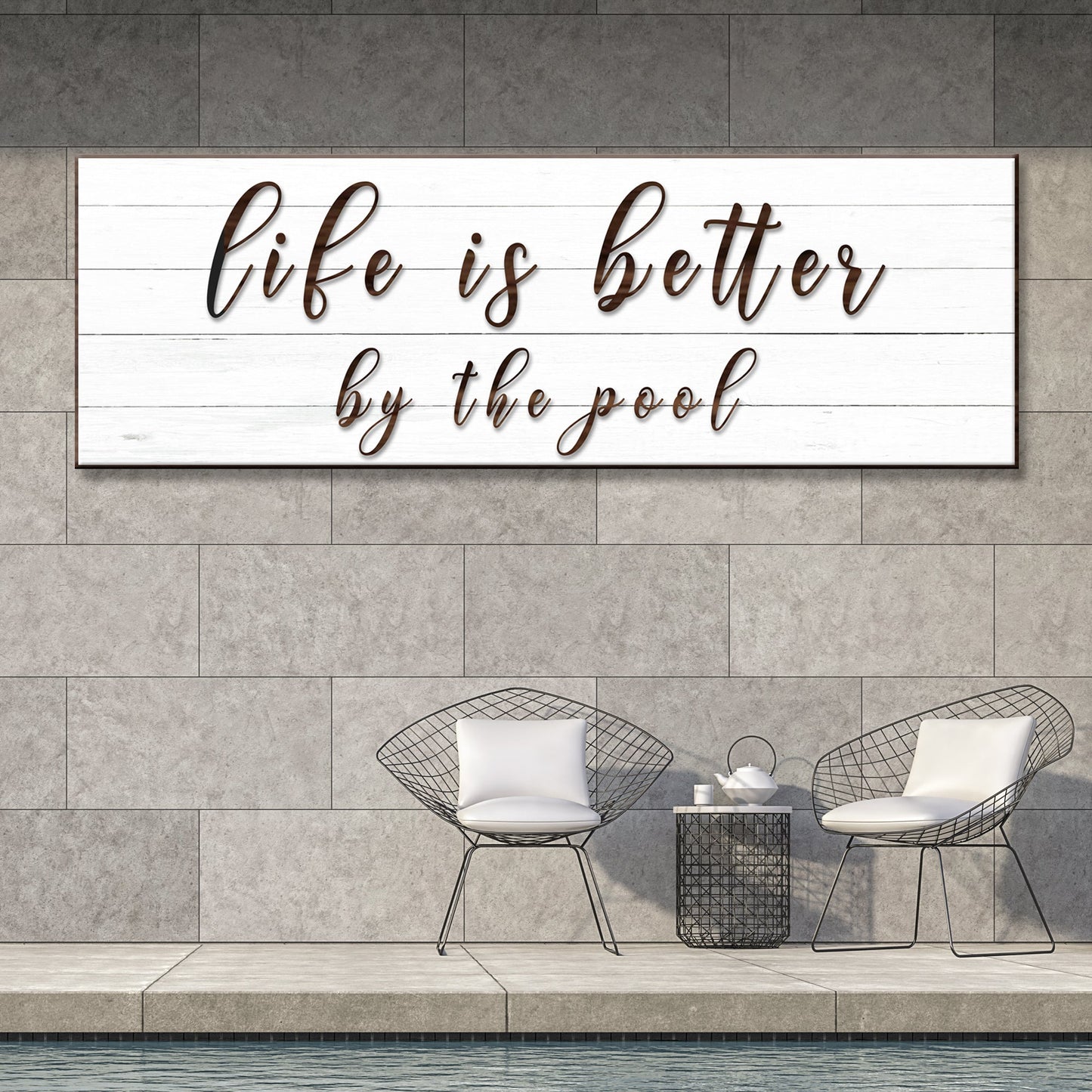 Canvas sign Life Is Better By The Pool in brown cursive on white wood planks by Tailored Canvases on Tampa Home & Garden Store