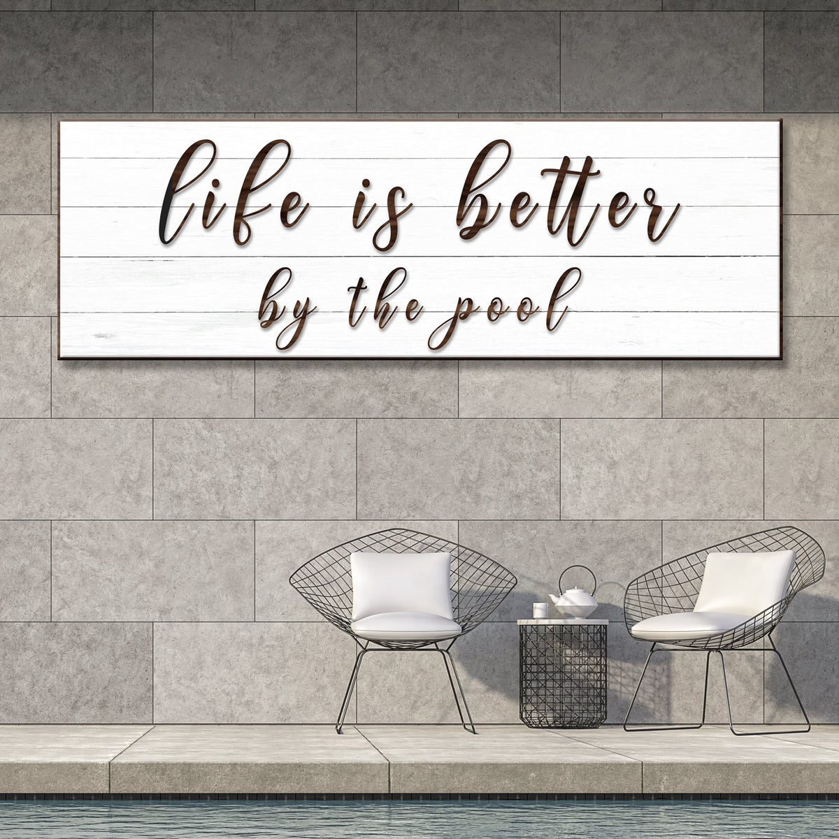 Canvas sign Life Is Better By The Pool in brown cursive on white wood planks by Tailored Canvases on Tampa Home & Garden Store