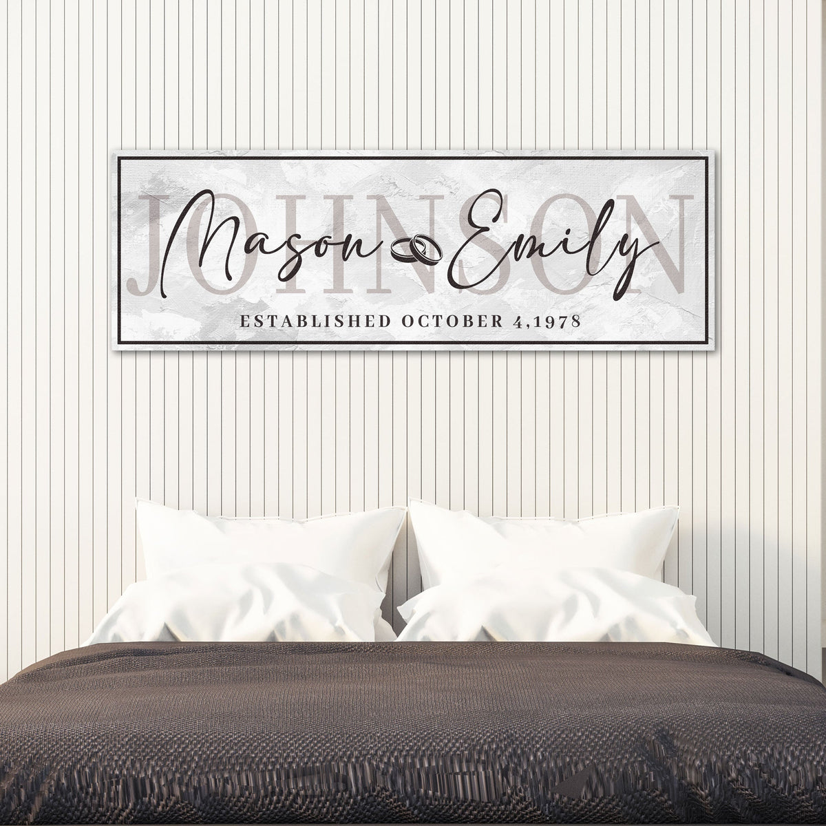 Canvas Last Name Wedding Gift Sign with Mason & Emily and established date framed backdrop on Tampa Home & Garden Store