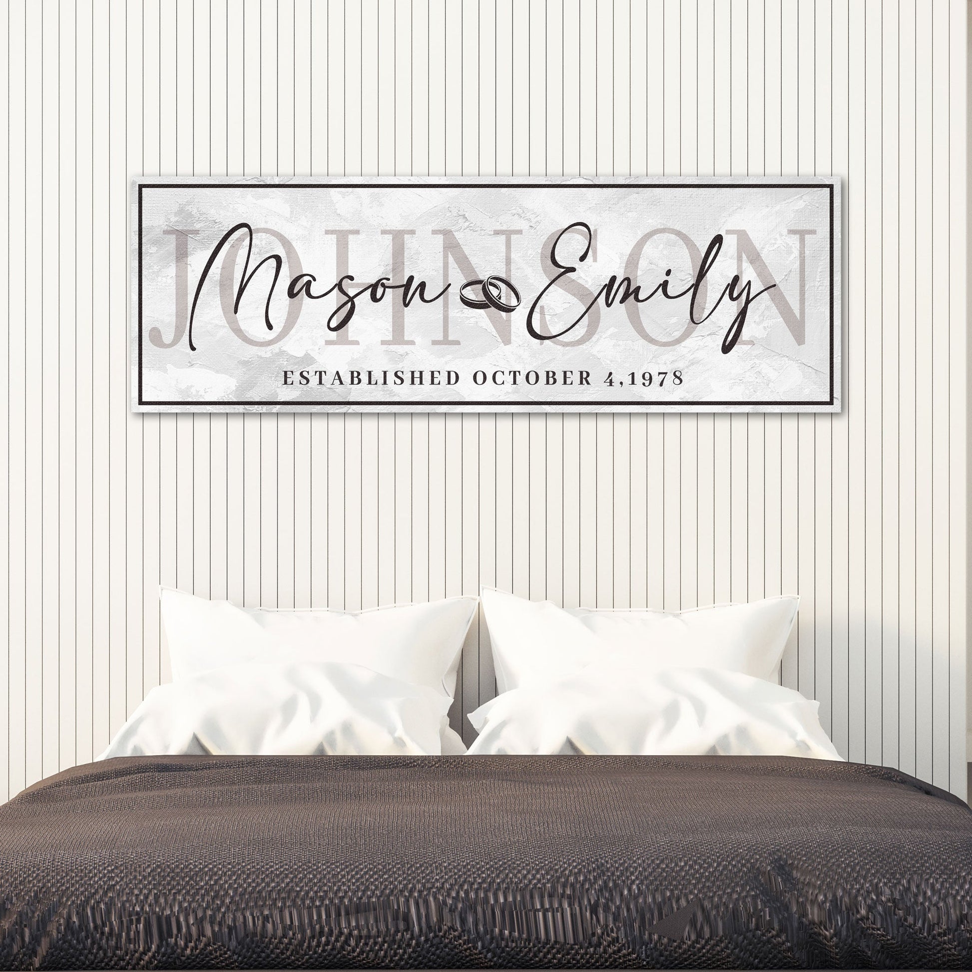 Canvas Last Name Wedding Gift Sign with Mason & Emily and established date framed backdrop on Tampa Home & Garden Store