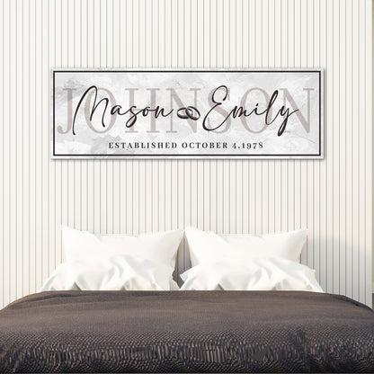 Canvas Last Name Wedding Gift Sign with Mason & Emily and established date framed backdrop on Tampa Home & Garden Store