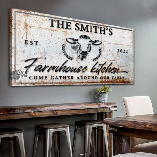 Farmhouse Kitchen Sign canvas with distressed white finish and rusted edges, cow emblem on Tampa Home & Garden Store