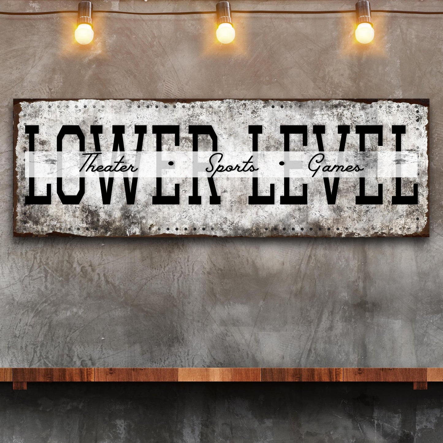 Lower Level Theater Sports Games Basement Bar Sign canvas distressed metal look and bold black text on Tampa Home & Garden Store