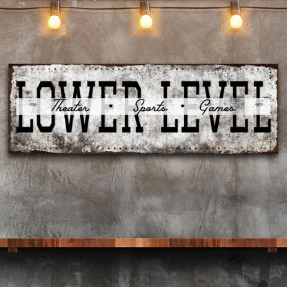 Lower Level Theater Sports Games Basement Bar Sign canvas distressed metal look and bold black text on Tampa Home & Garden Store