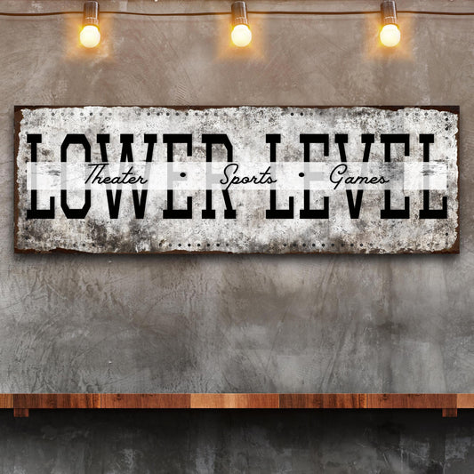 Lower Level Theater Sports Games Basement Bar Sign canvas distressed metal look and bold black text on Tampa Home & Garden Store