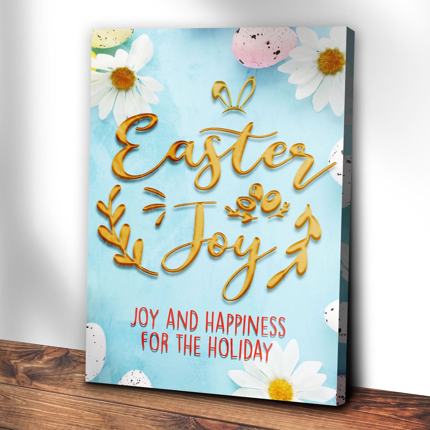 Easter Joy Sign canvas with gold script on pastel blue, daisies and pink speckled egg on Tampa Home & Garden Store