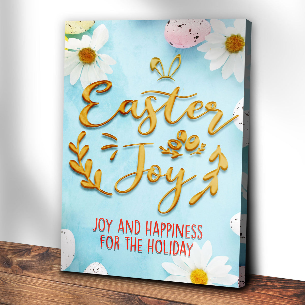 Easter Joy Sign canvas with gold script on pastel blue, daisies and pink speckled egg on Tampa Home & Garden Store