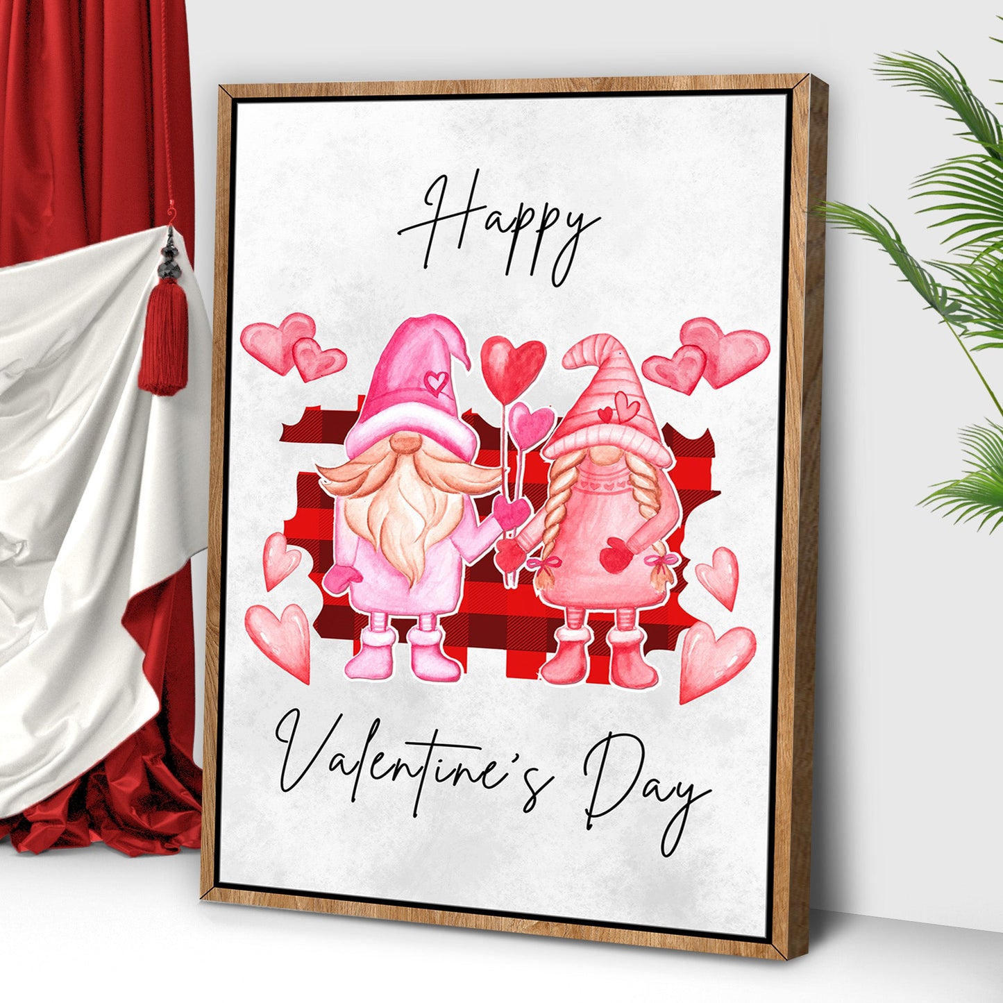 Valentine's Gnomes Sign canvas by Tailored Canvases; wood frame with pink gnomes and hearts on Tampa Home & Garden Store