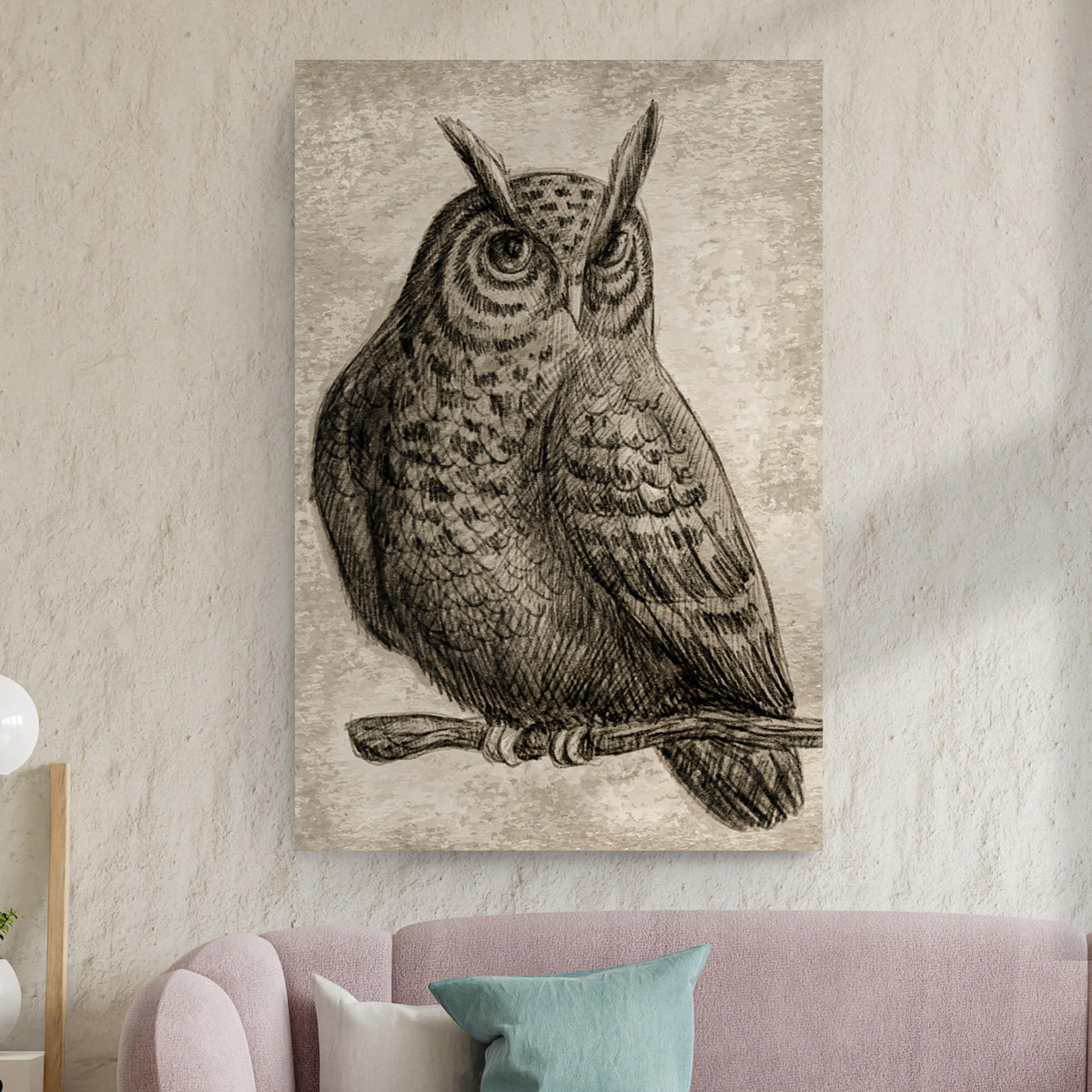 Owl pencil sketch portrait canvas wall art by Tailored Canvases in sepia tones on Tampa Home & Garden Store
