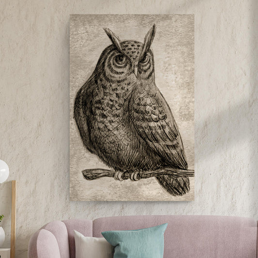 Owl pencil sketch portrait canvas wall art by Tailored Canvases in sepia tones on Tampa Home & Garden Store
