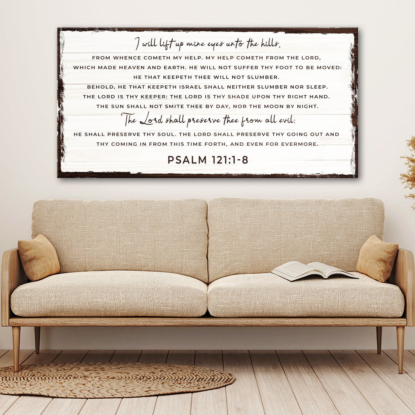 Tailored Canvases canvas wall art: Psalm 121:1-8 sign on white wood with brown frame on Tampa Home & Garden Store