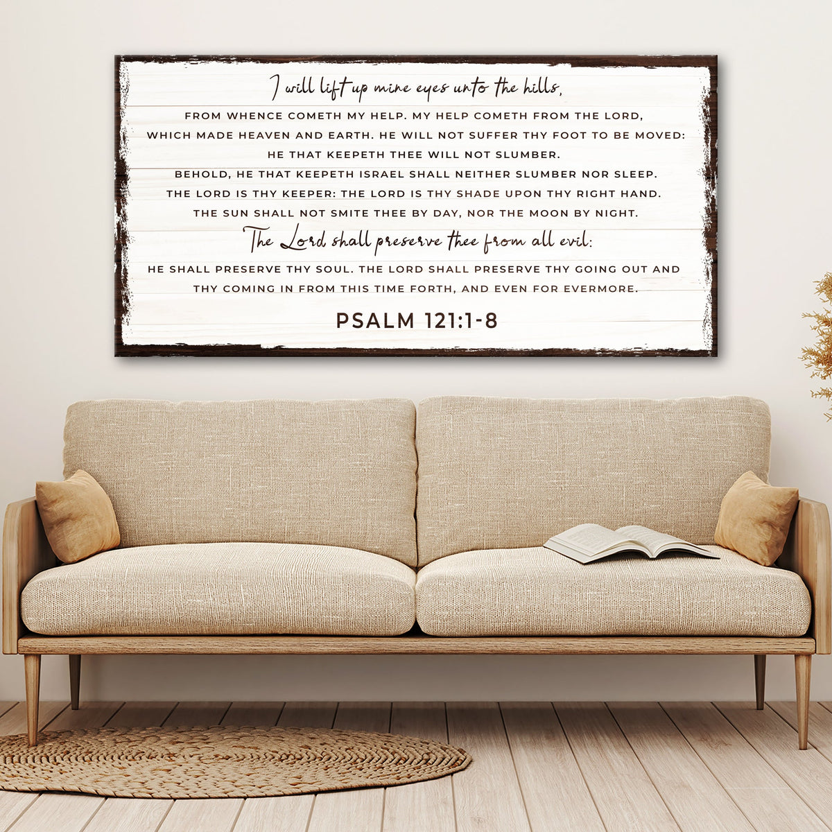 Tailored Canvases canvas wall art: Psalm 121:1-8 sign on white wood with brown frame on Tampa Home & Garden Store
