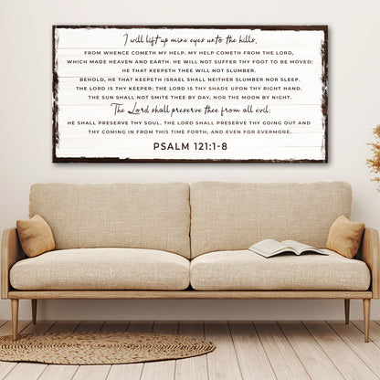 Tailored Canvases canvas wall art: Psalm 121:1-8 sign on white wood with brown frame on Tampa Home & Garden Store