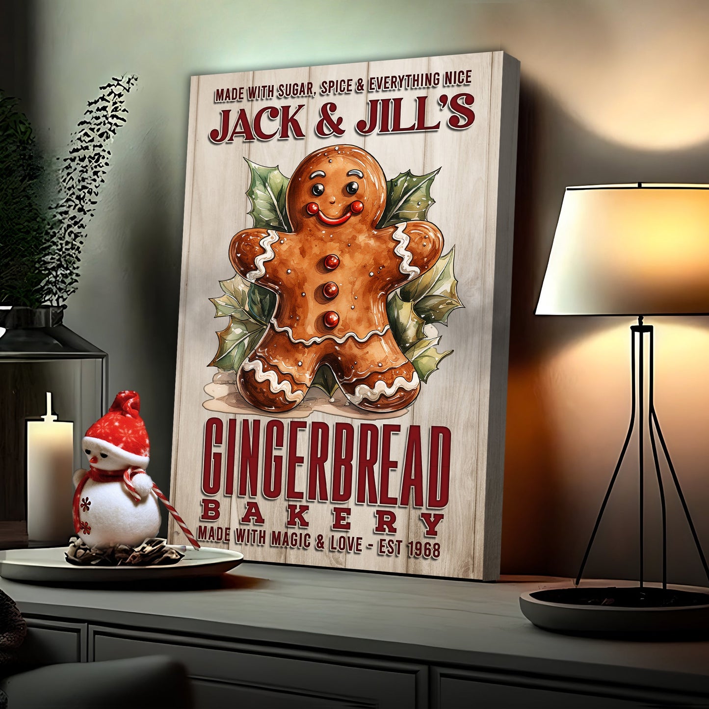 Canvas sign Made With Magic & Love Bakery Sign featuring a cheerful gingerbread figure on Tampa Home & Garden Store