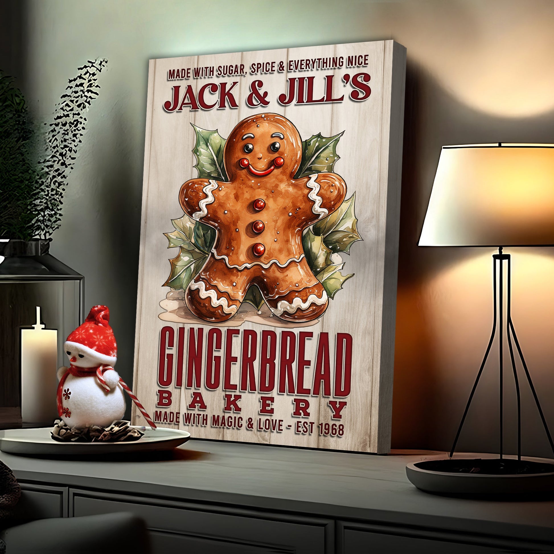 Canvas sign Made With Magic & Love Bakery Sign featuring a cheerful gingerbread figure on Tampa Home & Garden Store
