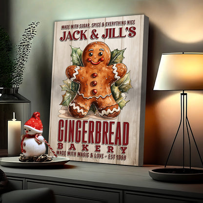 Canvas sign Made With Magic & Love Bakery Sign featuring a cheerful gingerbread figure on Tampa Home & Garden Store