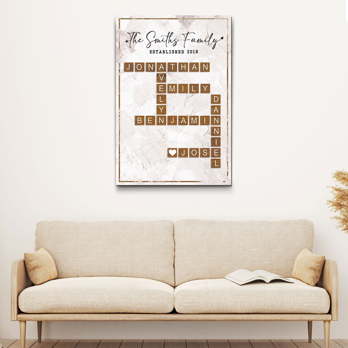 Scrabble Family Names Sign canvas by Tailored Canvases with wooden letter tiles spelling names on Tampa Home & Garden Store