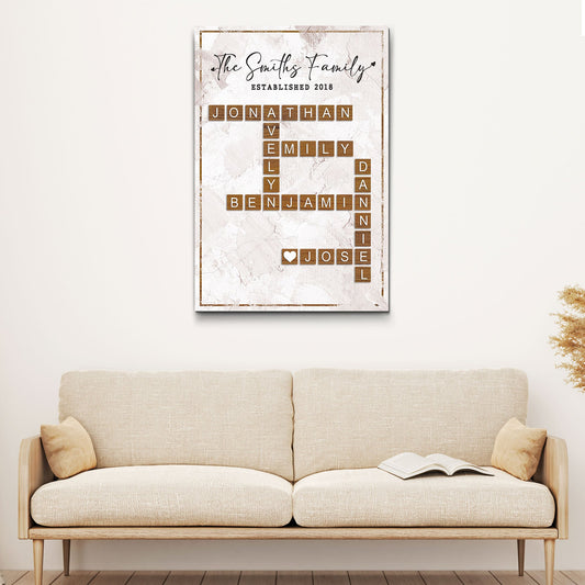Scrabble Family Names Sign canvas by Tailored Canvases with wooden letter tiles spelling names on Tampa Home & Garden Store